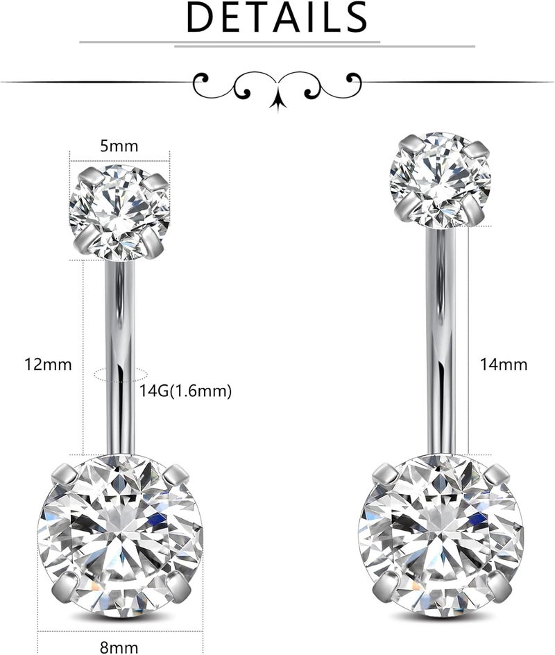 FECTAS 14g Belly Button Rings Surgical Steel CZ Petite Navel Ring for Women Body Piercing Jewelry Petite select Barbell Len 6mm 8mm 10mm 12mm 14mm Silver - Image 2